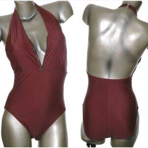 ZIPPER Brown SWIMSUIT Lined Open Back Halter Top Swim Zip NWOT Womens 8L